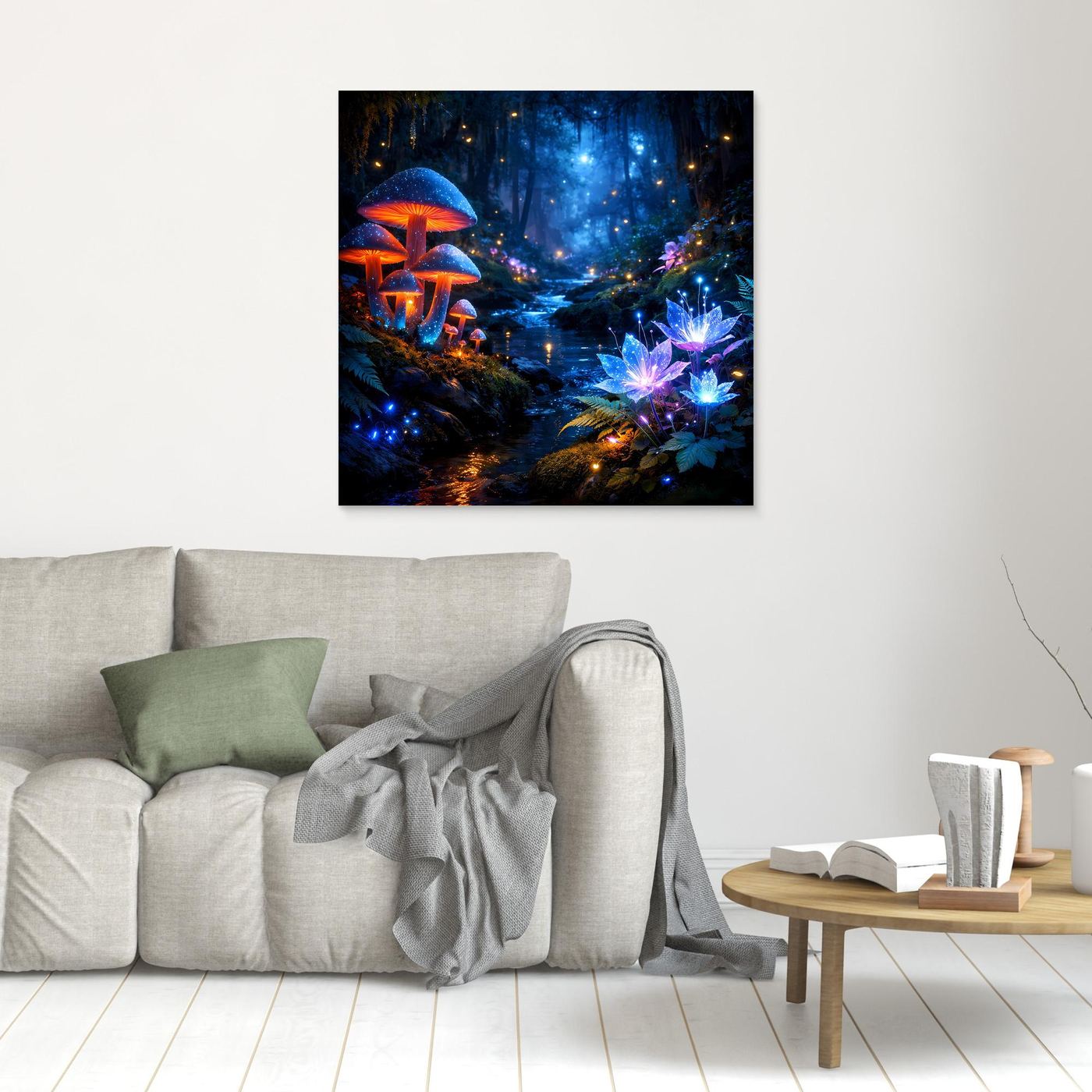 Leinwandbild mit leuchtendem Fantasy-Wald und Pilzen, blau leuchtend, hellbraun gerahmt