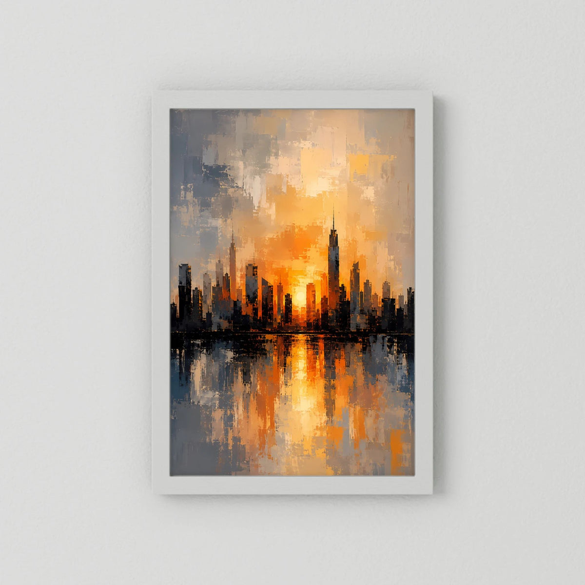 Poster mit abstrakter Skyline im Sonnenuntergang, orange-gold, weißer Rahmen, Hochformat