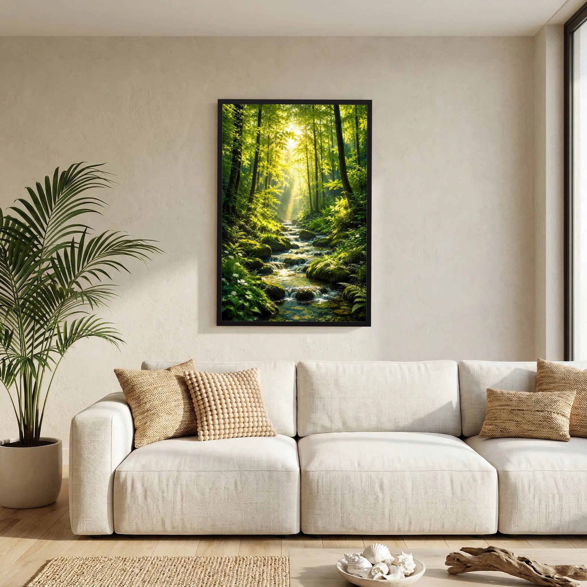 Hochformat-Poster Waldbach im grünen Wald mit Sonnenstrahlen, im dunklen Rahmen