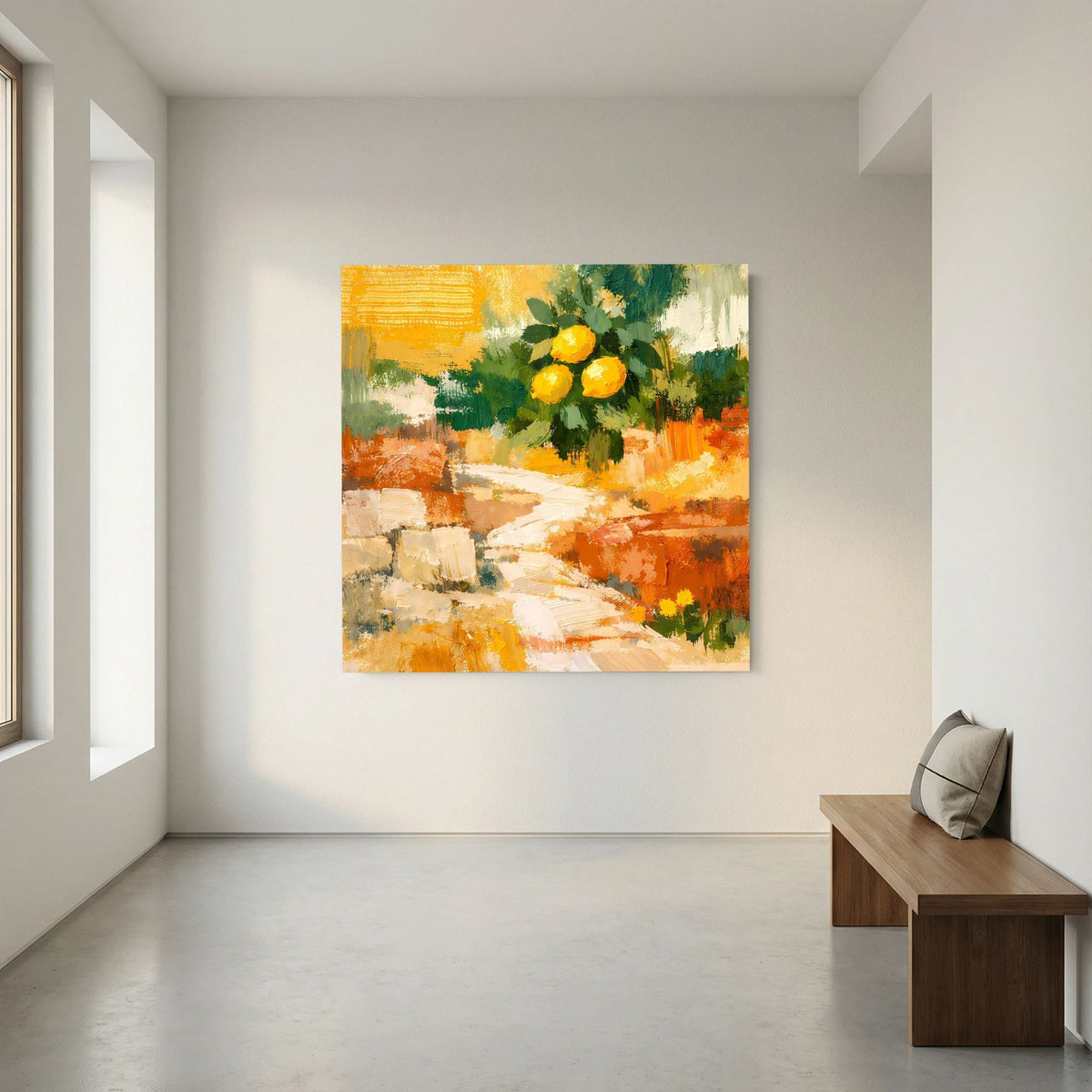 Wandbild mit Zitronenstrauß über abstrakter Landschaft in Orange, Gelb und Grün