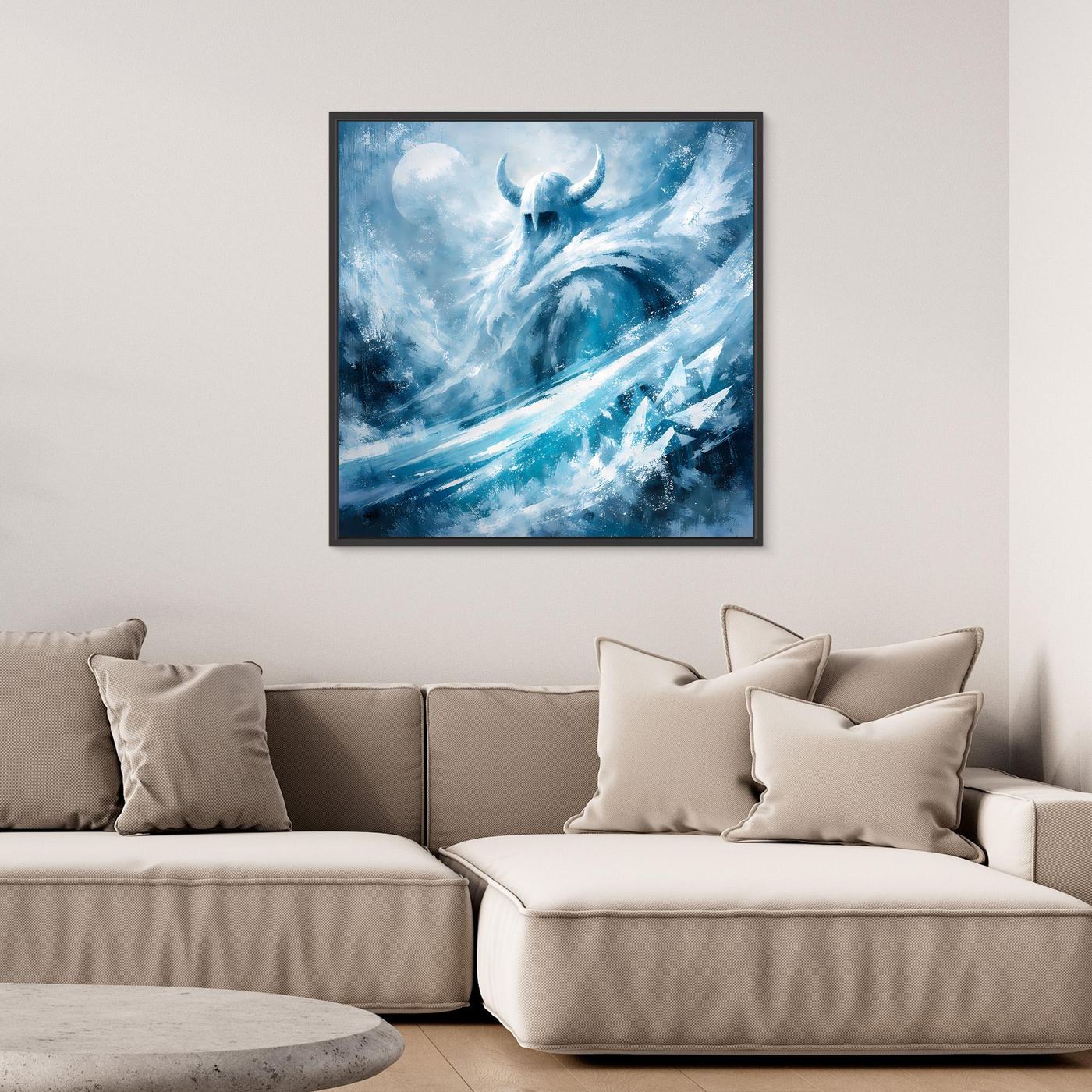 Leinwandbild mit Eiswikinger-Motiv, frostblau, schwarzer Rahmen