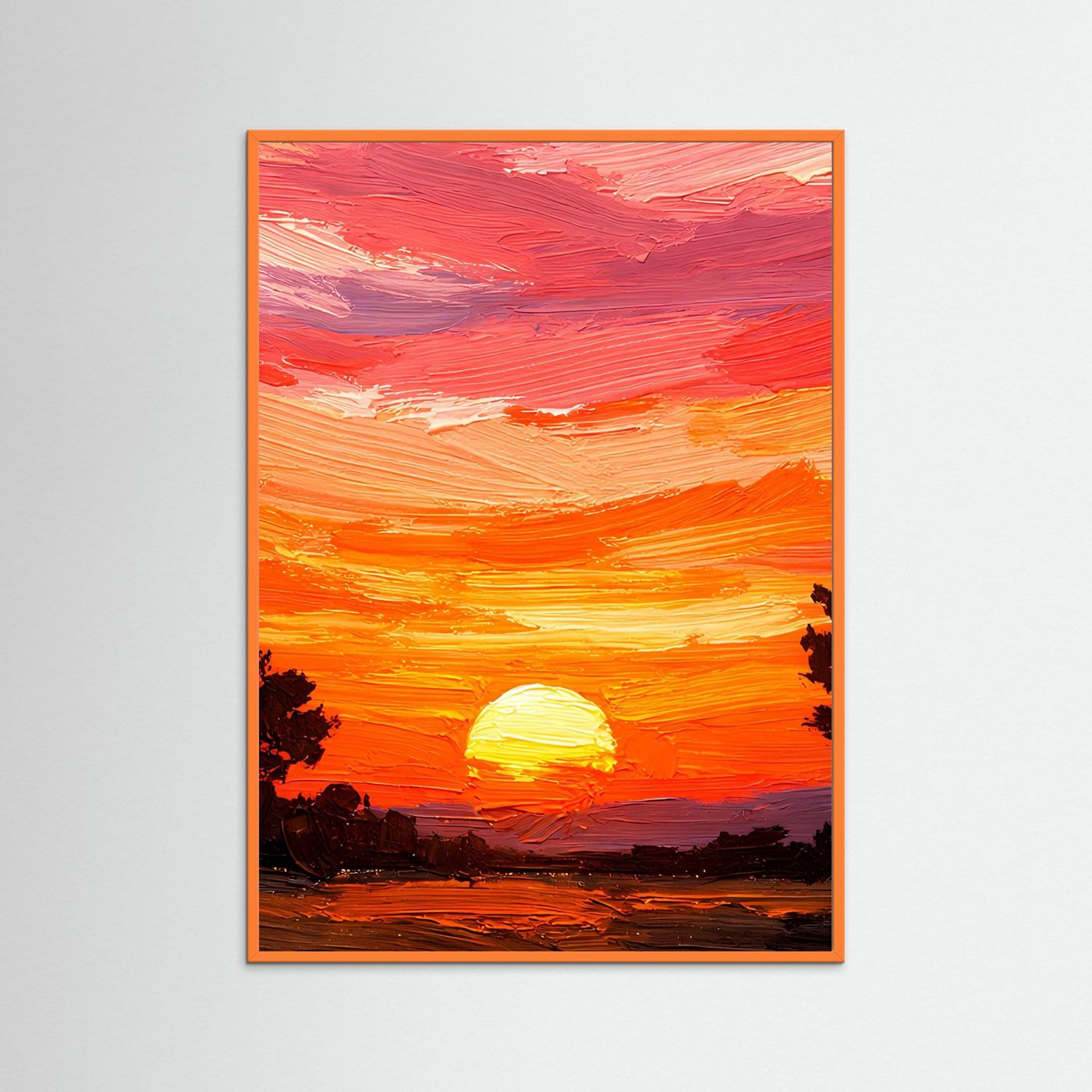 Acrylkunstwerk mit Sonnenuntergang, roter Himmel und Sonne; orangefarbener Rahmen