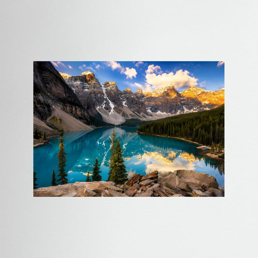 Naturposter mit türkisfarbenem See und Berglandschaft im Abendlicht