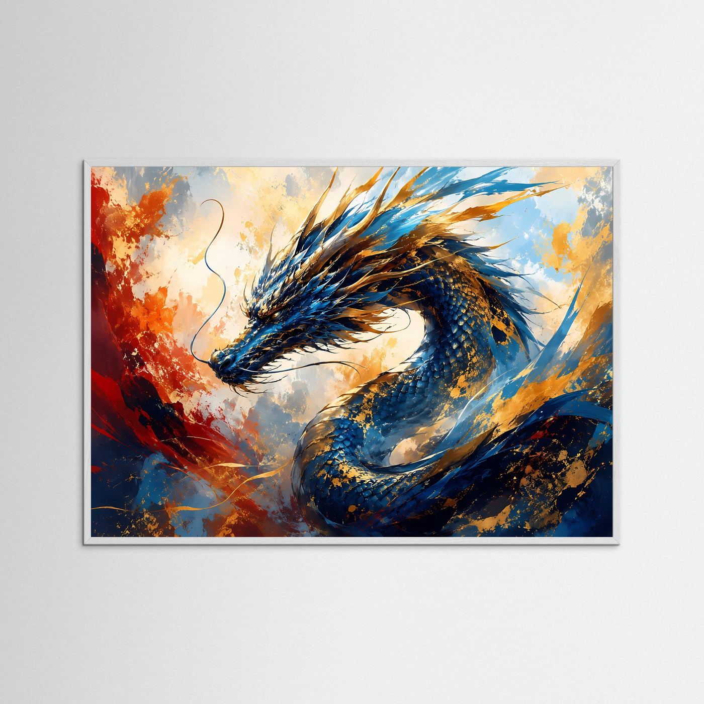 Fantasy-Wandbild: blauer Drache mit goldenen Akzenten und Flammen, rosiger Rahmen