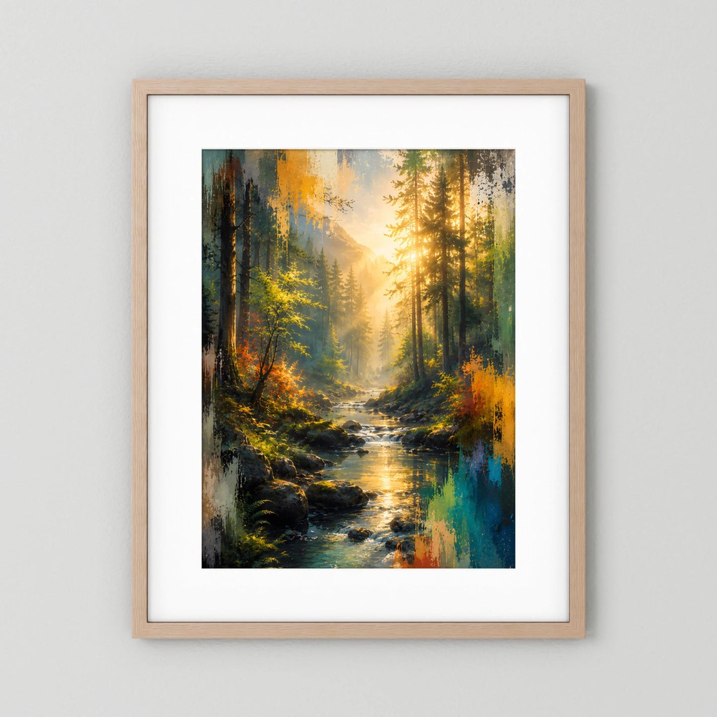 Kunstposter im beigen Holzrahmen mit weißem Passepartout: abstrakter Wald mit Bachlauf