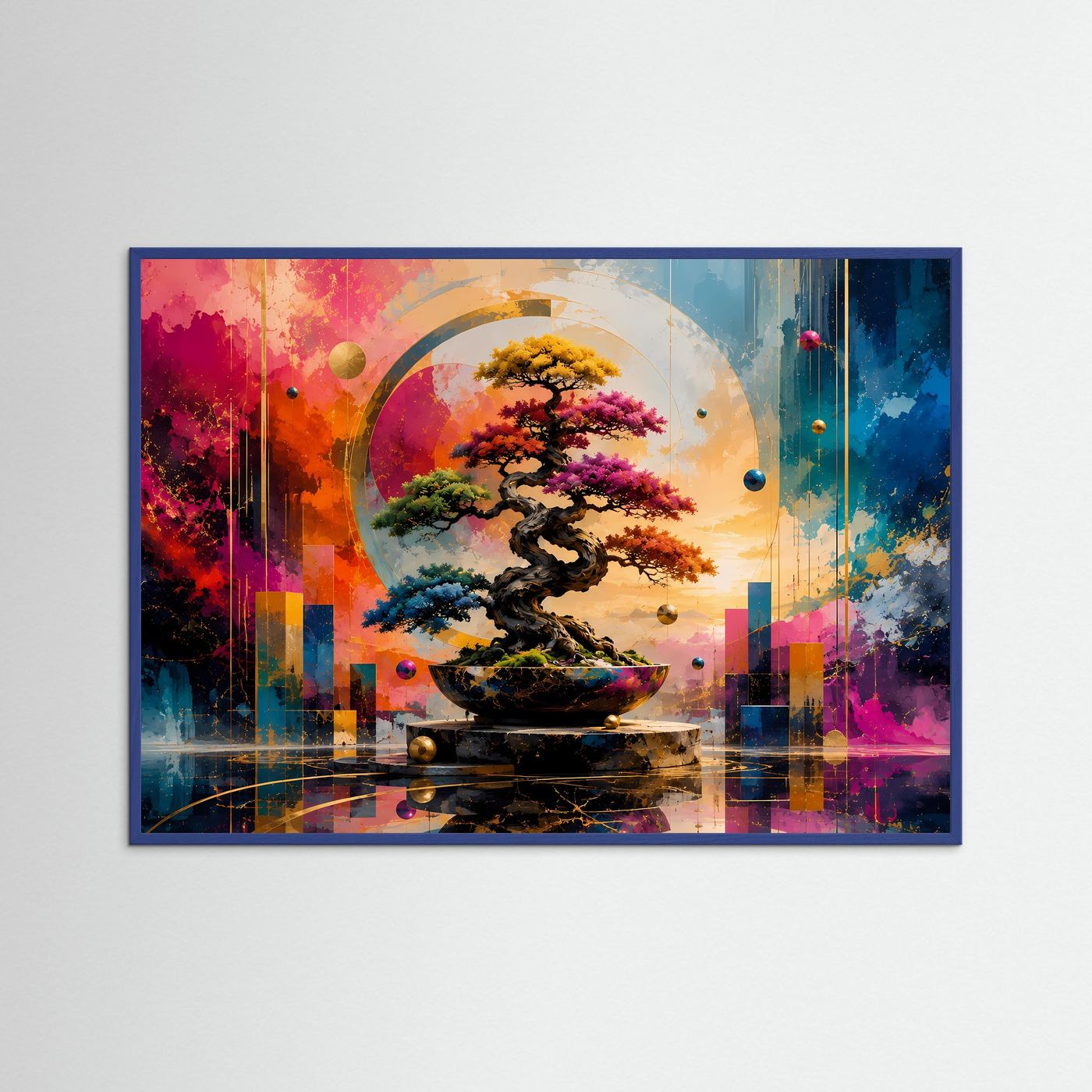 Farbenfroher Bonsai in Gold, Pink & Blau | Abstrakte moderne Zen-Wandkunst