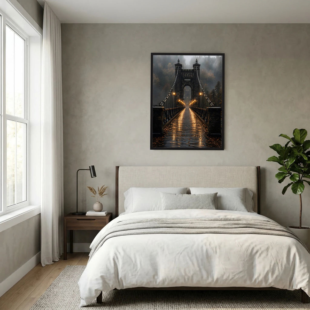 Hochformat-Poster mit zentraler Hängebrücke bei Dämmerung und glimmenden Laternen