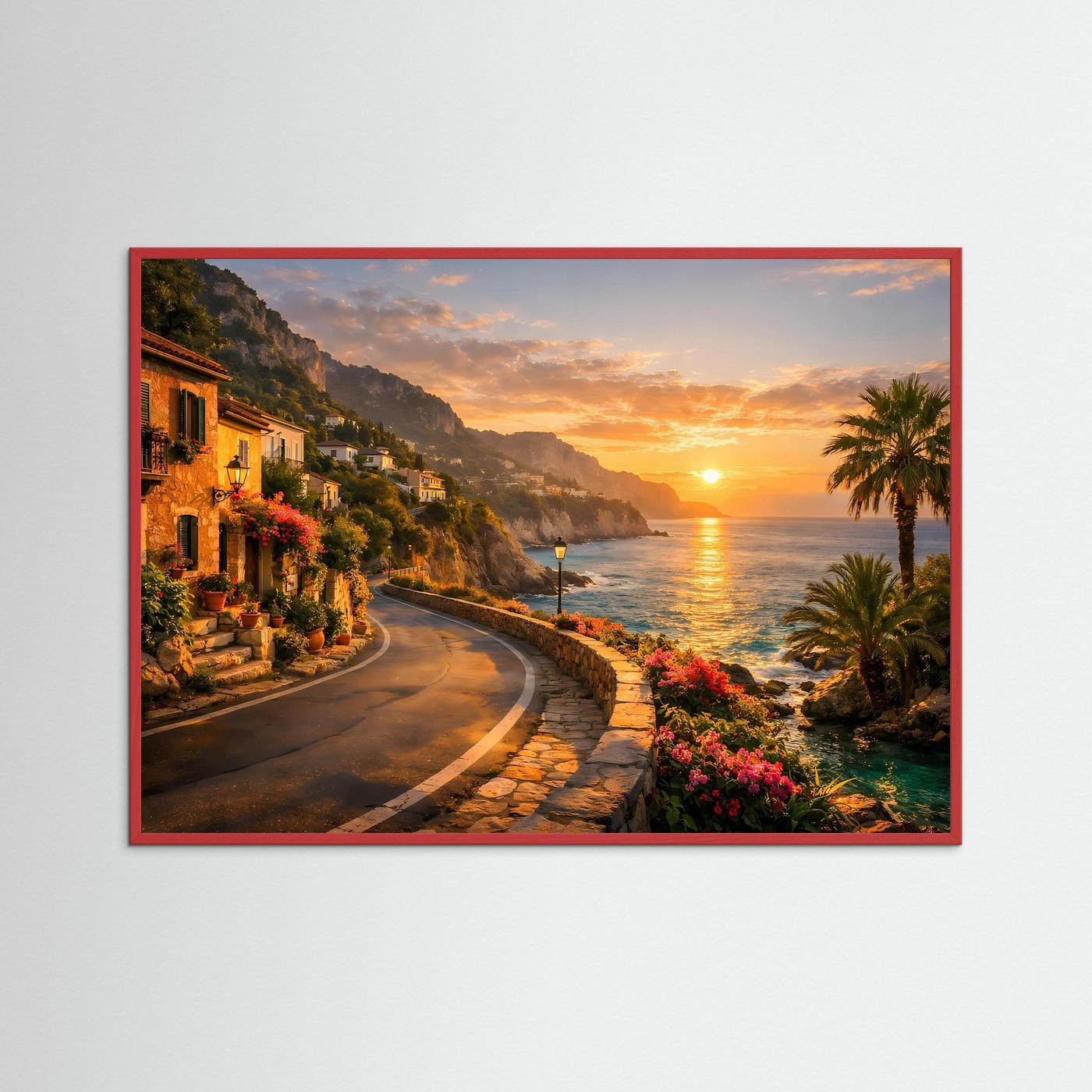 Poster mit Küstenstraße am Sonnenuntergang und Meer, roter Rahmen