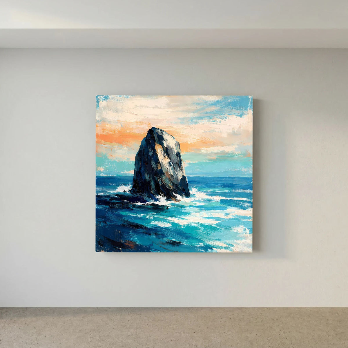 Leinwand-Wandbild mit Felsen in der Brandung, marineblaue See mit hellen Schaumstreifen