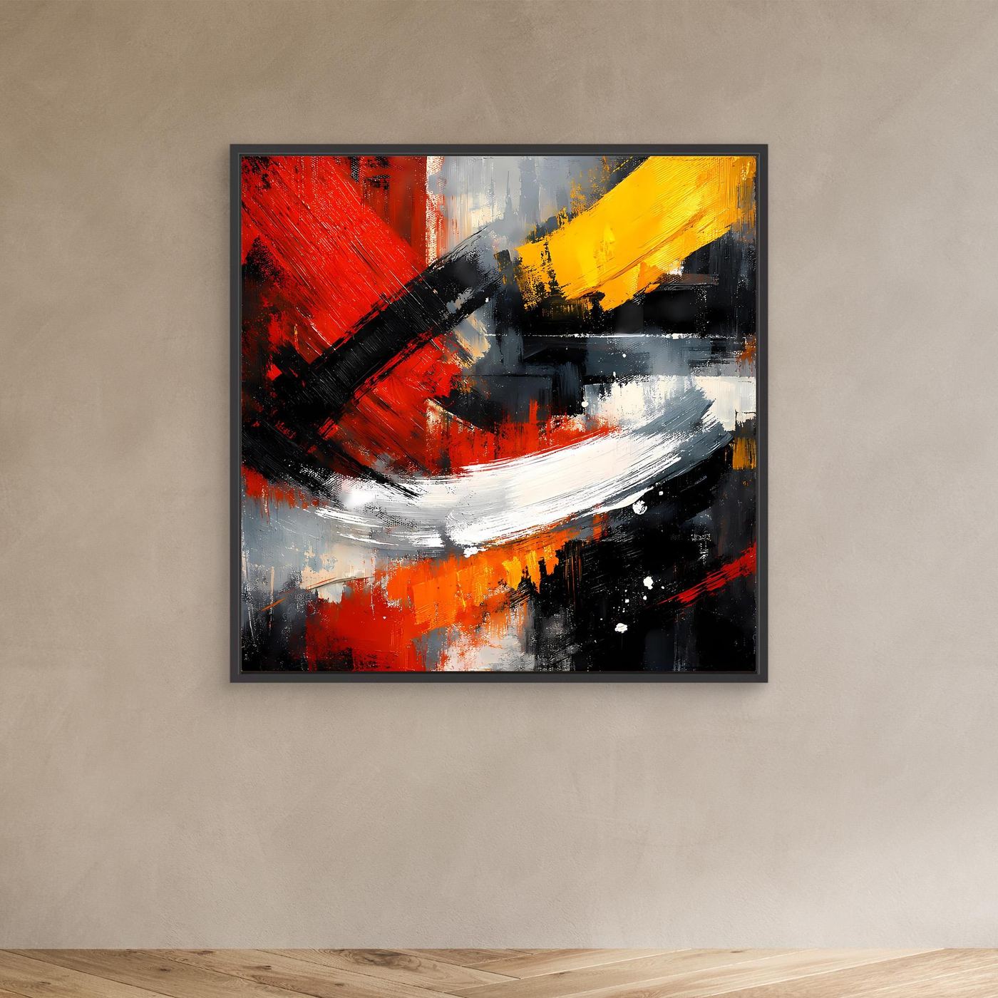 Abstraktes Leinwand-Wandbild in Rot, Gelb und Schwarz mit Rahmen