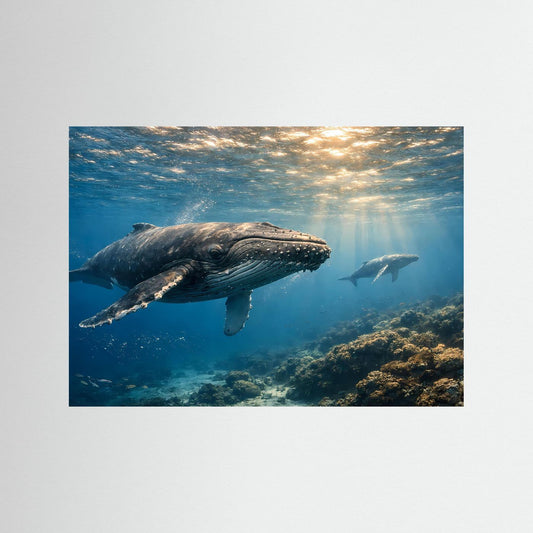 Gerahmtes Unterwasserposter im Querformat: Buckelwal und kleiner Fisch rechts