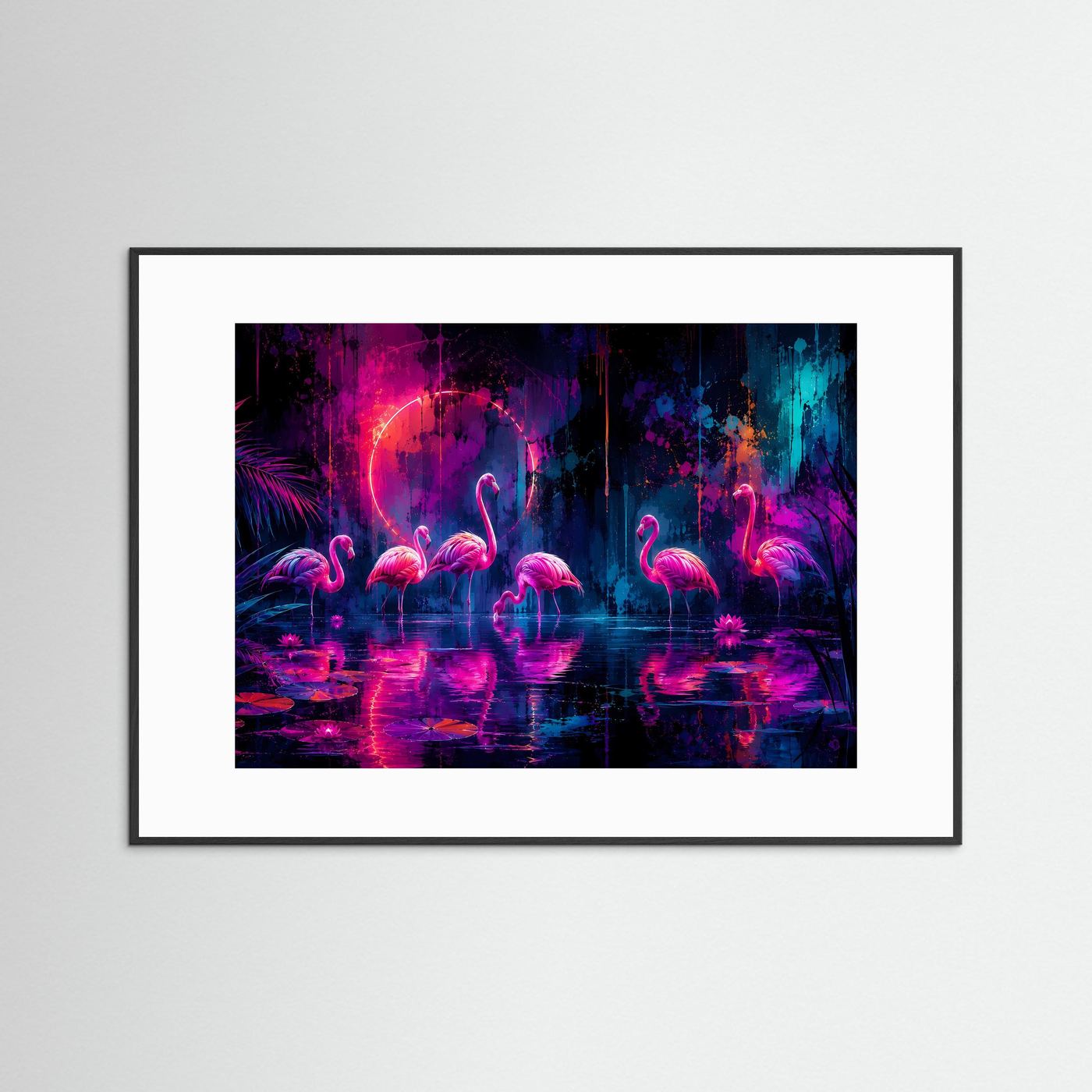 Neon Flamingos Poster | Magische Tropische Nacht in Pink Blau Fantasy Wandbild Querformat