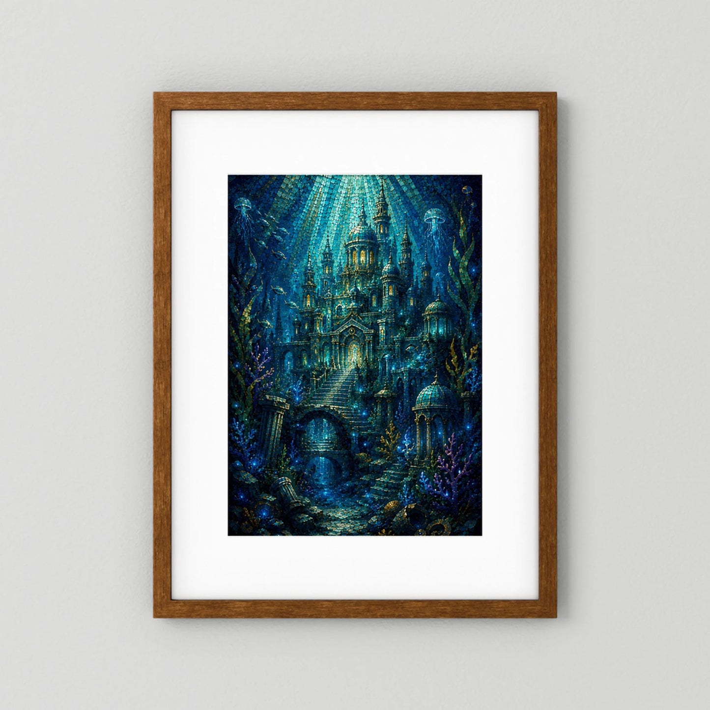Hochformat-Poster mit Unterwasserstadt im Mosaikstil, Blau und Gold, brauner Holzrahmen