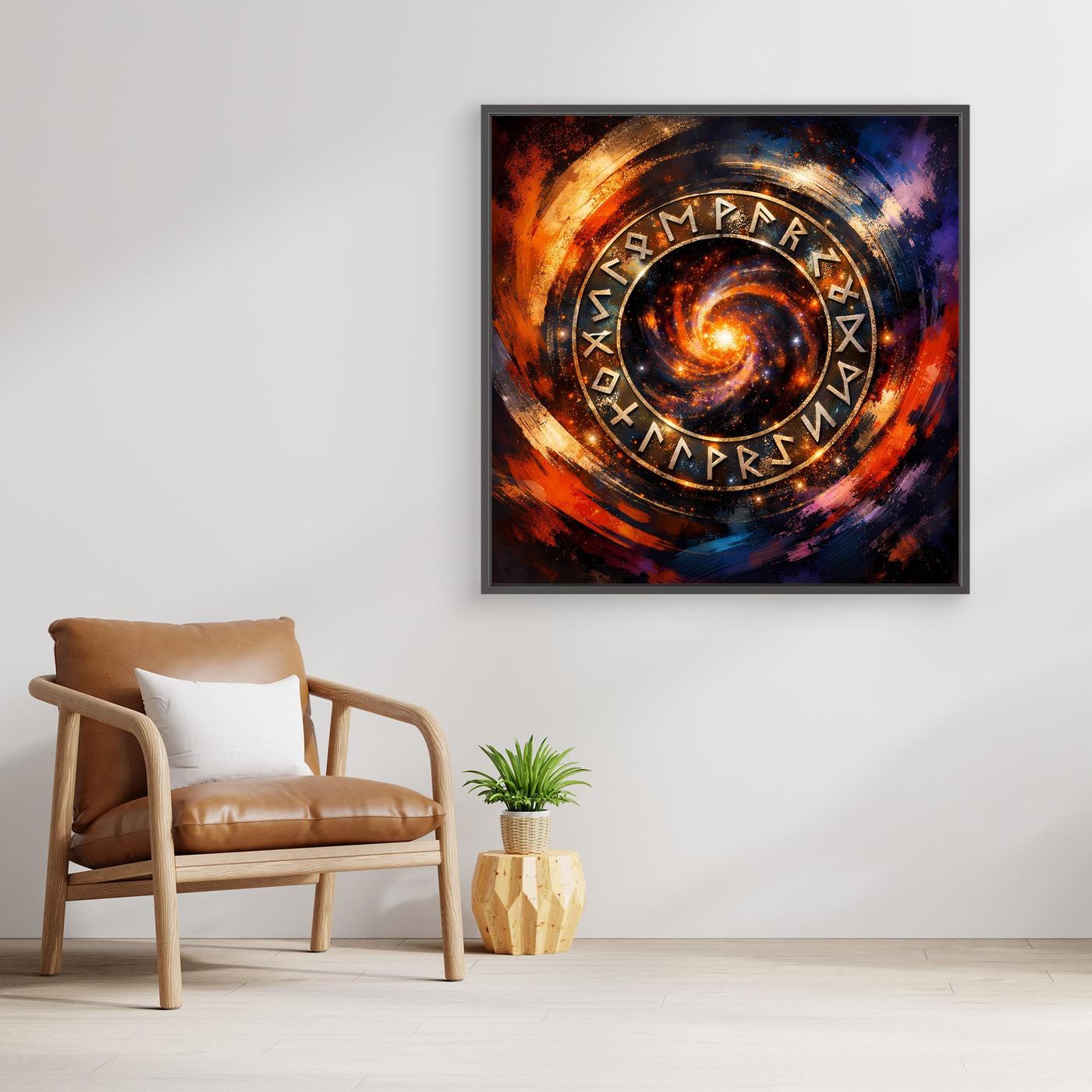 Gerahmtes Leinwandbild mit kosmischem Runenkreis, dunkelgrauer Rahmen