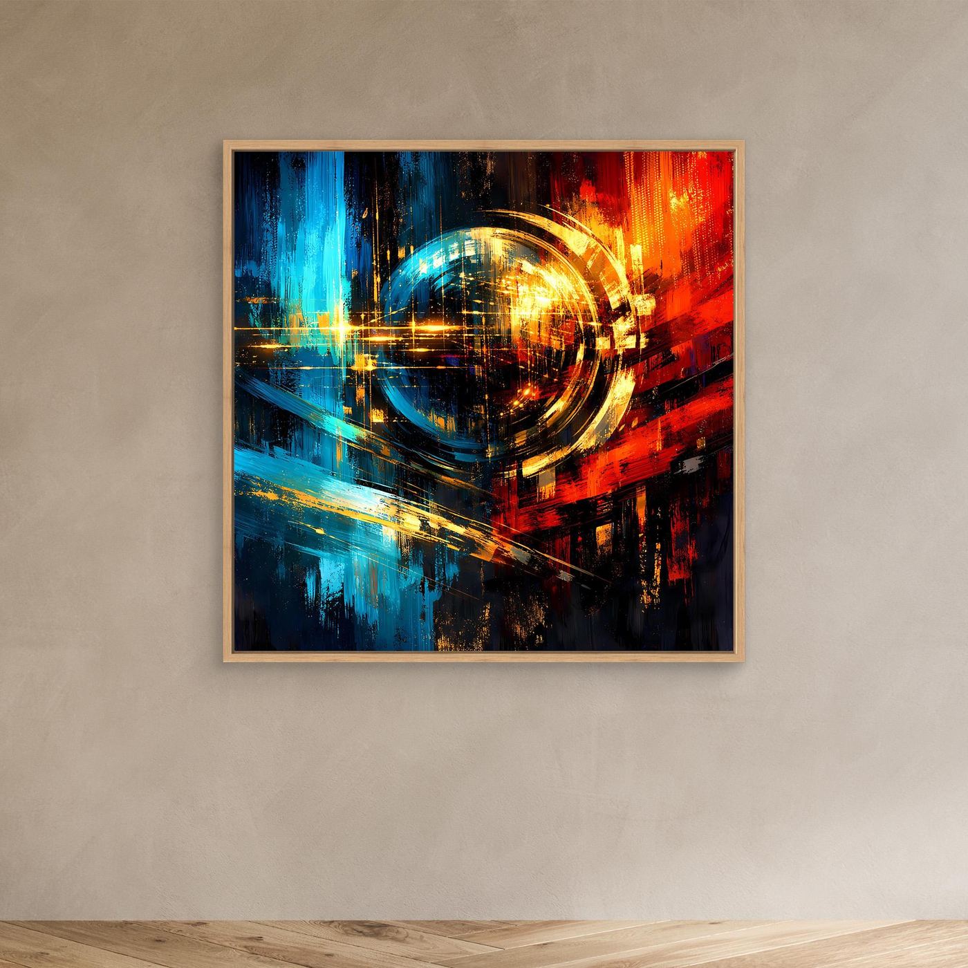 Leinwandbild mit Eichenrahmen – abstrakter Lichtkreis in Blau, Rot und Gold