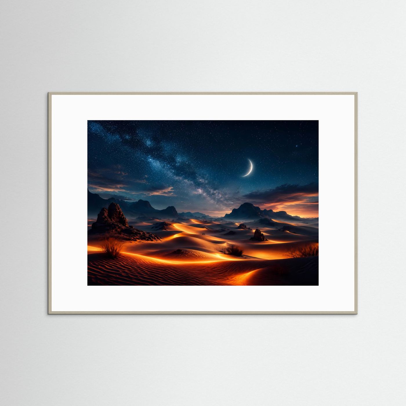 Wüstenlandschaft Poster Querformat | Sternenhimmel über Sanddünen | Magische Nacht Wüsten Wandkunst