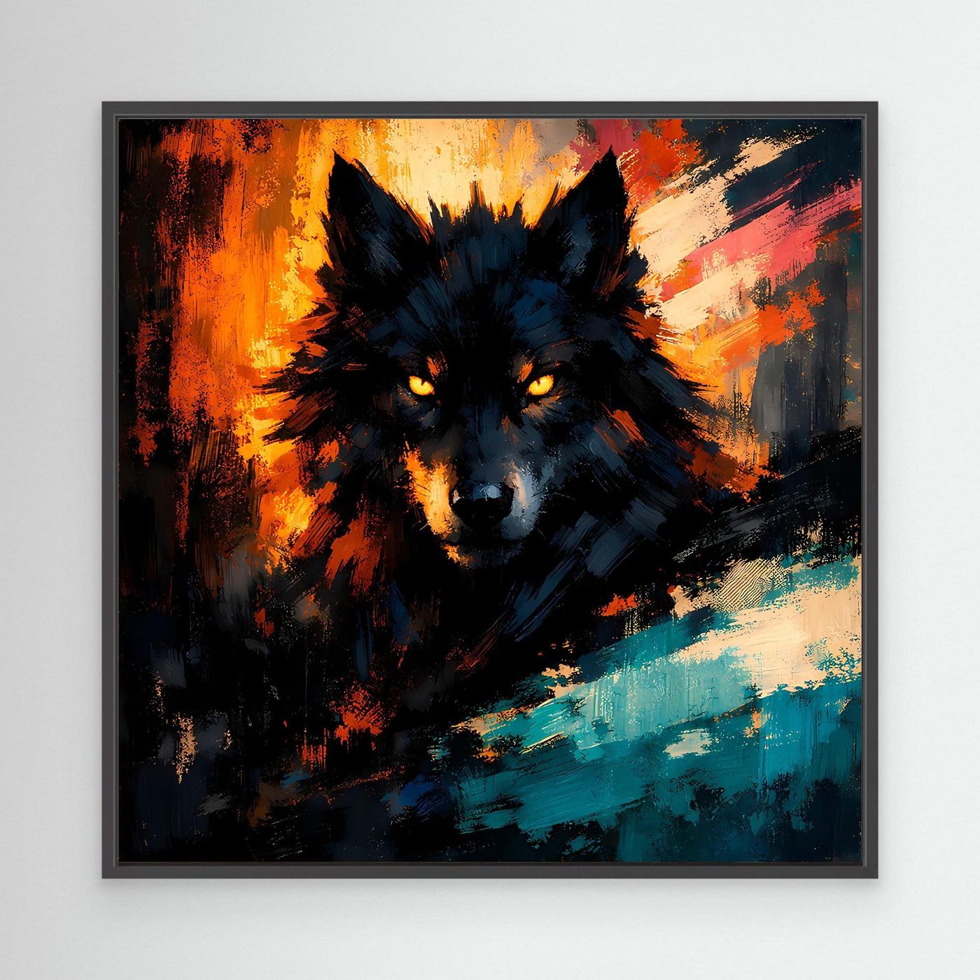 Wandbild mit abstraktem Wolf im Feuerlicht, dunkles Fell, schwarzer Rahmen, orange und türkis