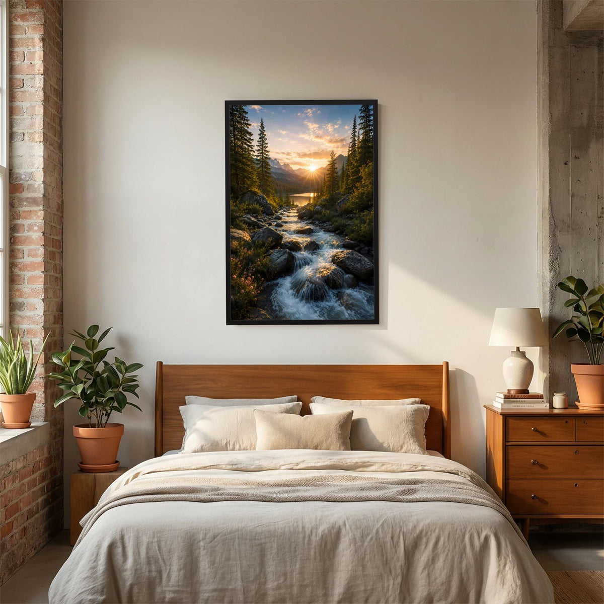 Hochformat-Poster im schwarzen Rahmen über dem Bett: Wald und Fluss bei Sonnenaufgang.