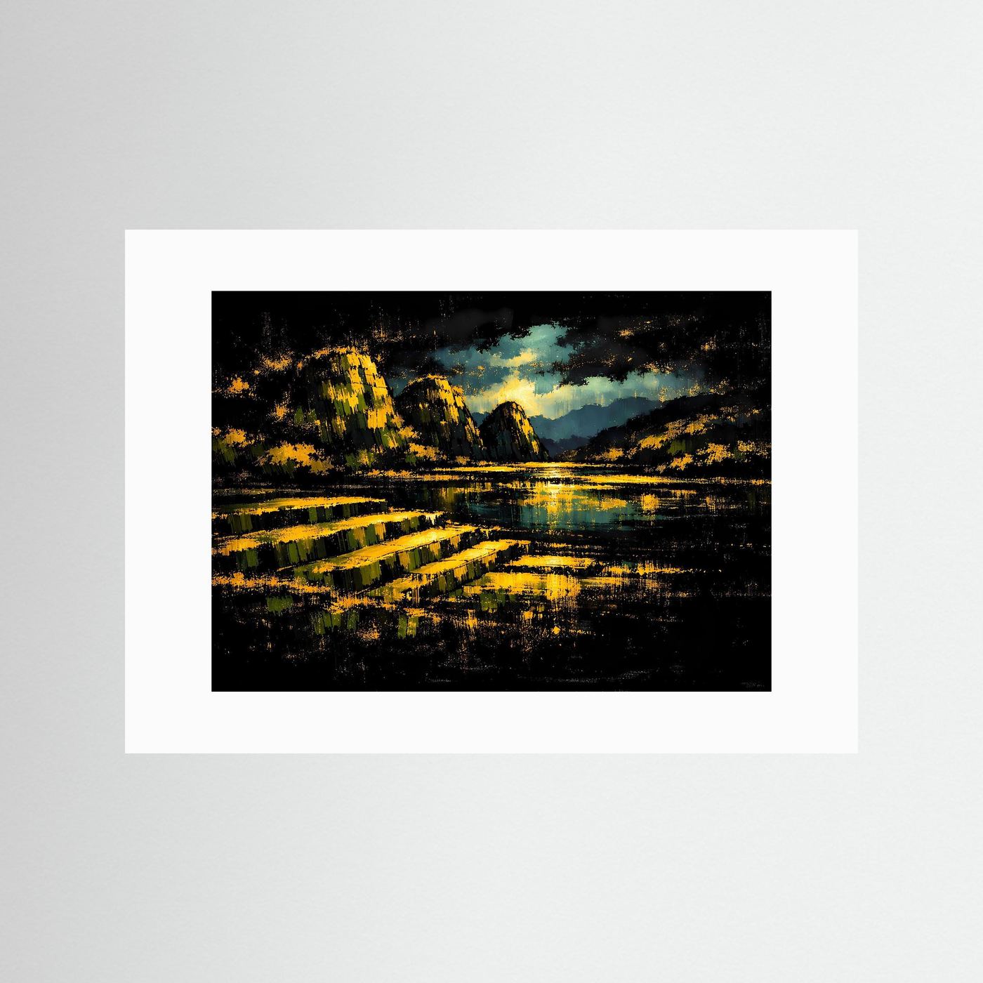Goldene Nacht über dem Bergsee | Mystisches Natur & Landschaft Poster Querformat