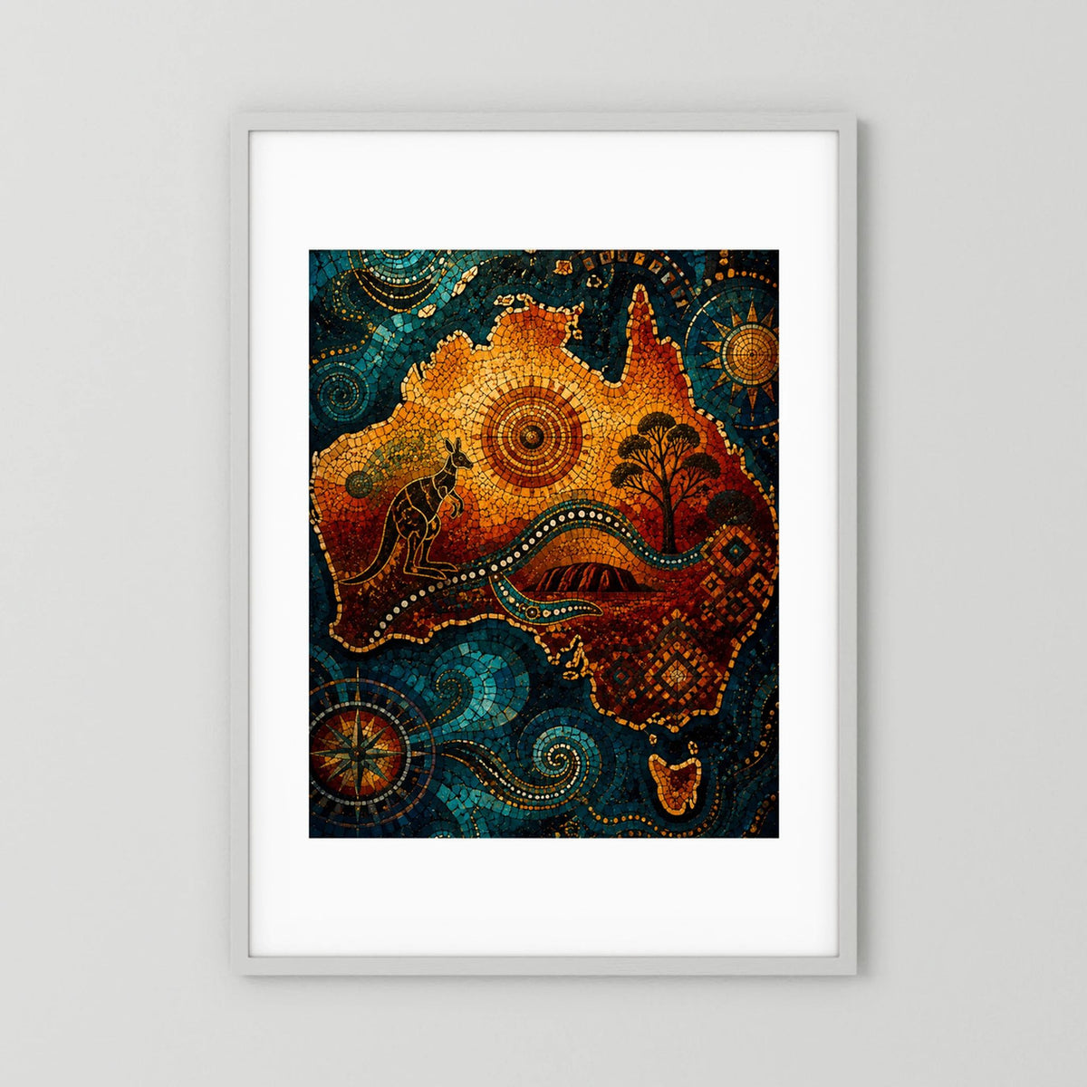 Hochformat-Poster mit Känguru-Mosaik, Rahmen grau-silbern und weißem Passepartout