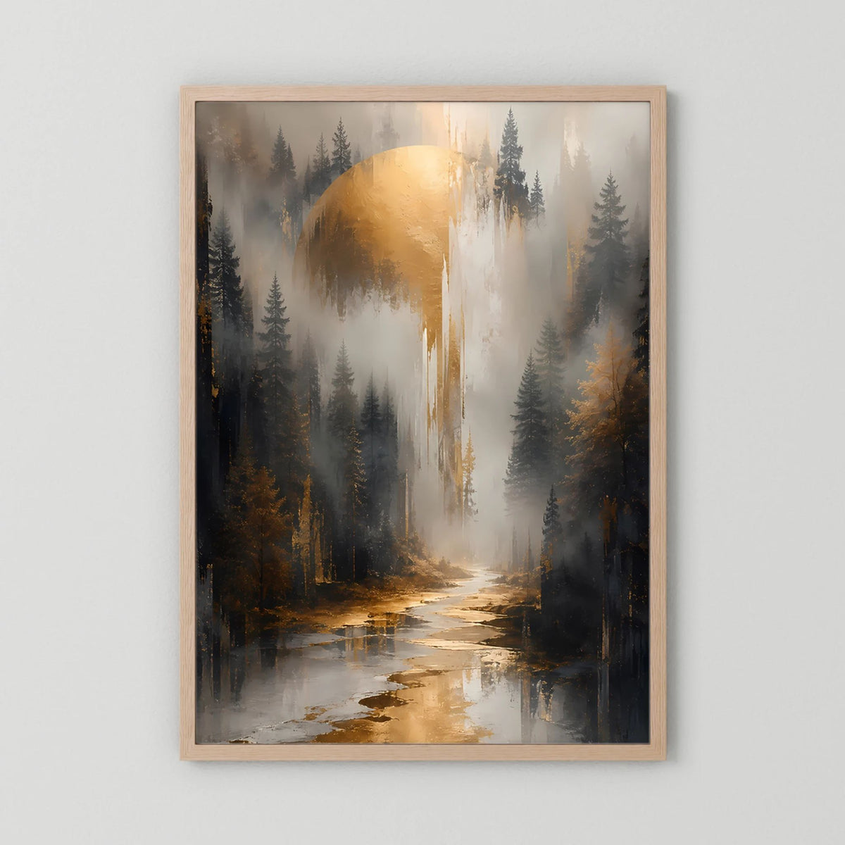 Hochformat-Poster im hellen Holzrahmen, Waldlandschaft mit goldener Lichtquelle