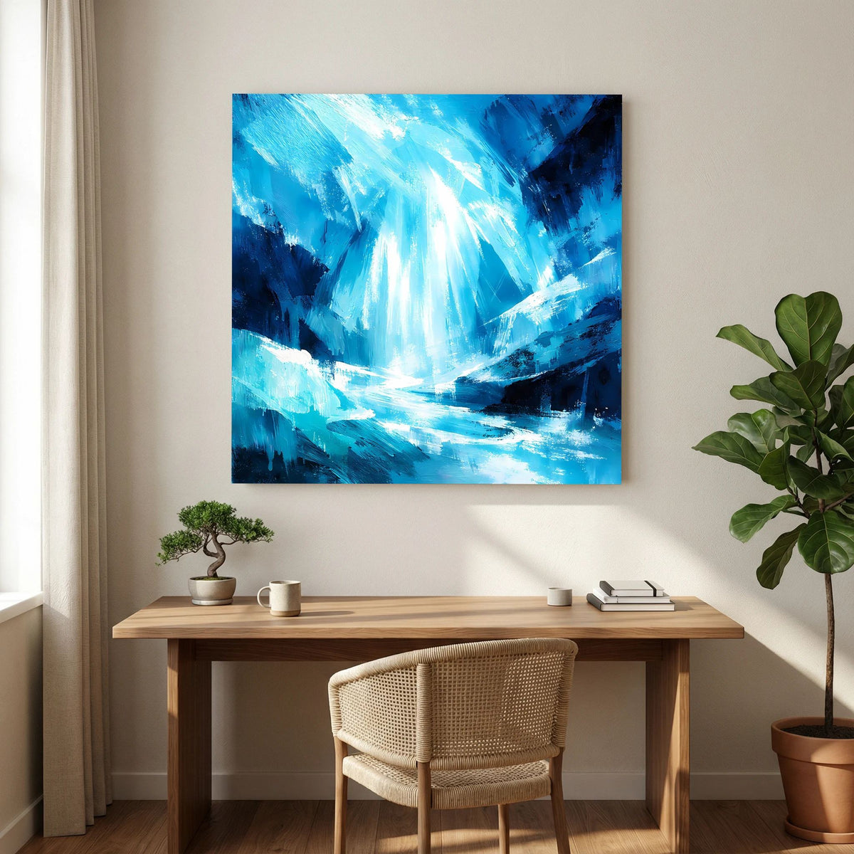 Blaues abstraktes Leinwand-Wandbild mit eisiger Wasserfall-Szene und leuchtenden Akzenten
