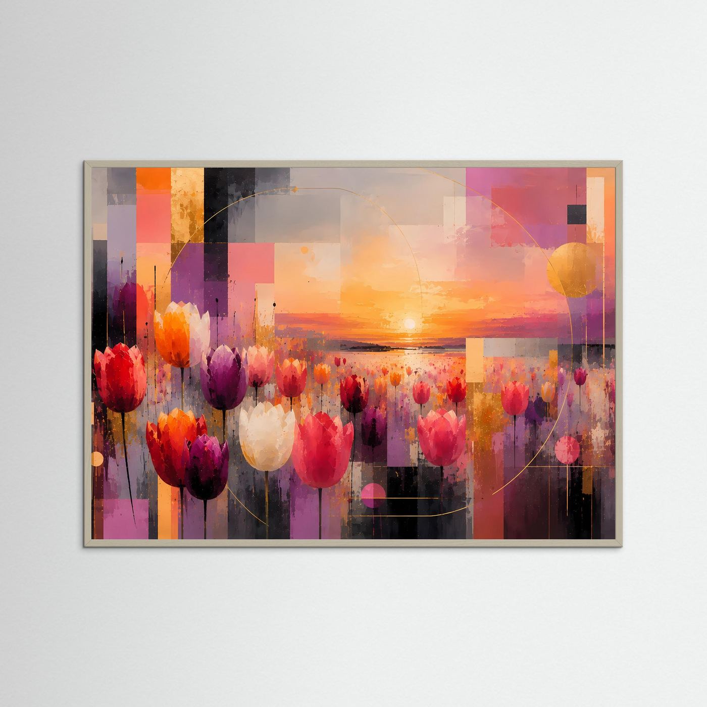 Abstraktes Tulpenfeld-Poster im Querformat, brauner Rahmen, rote und violette Tulpen