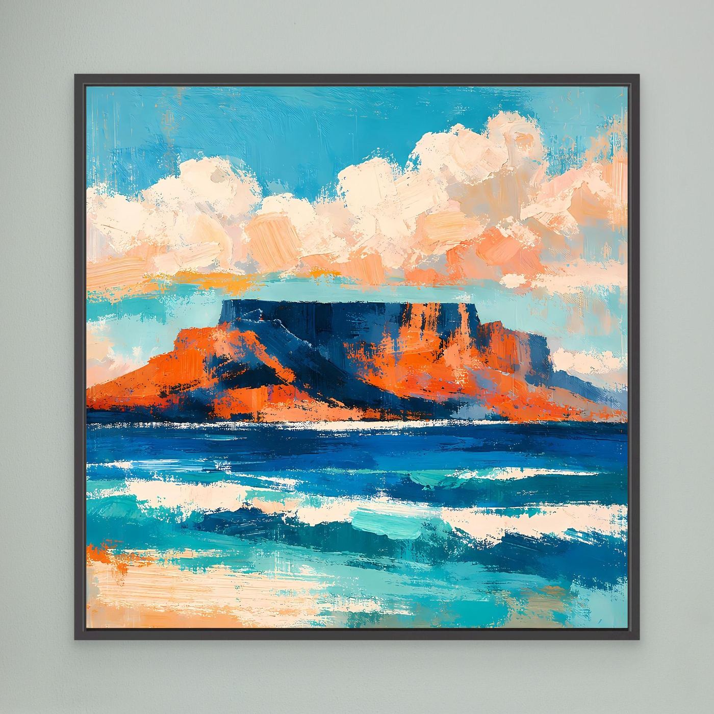 Abstraktes Leinwand-Wandbild mit Meer, Küste und Bergen, schwarz gerahmt