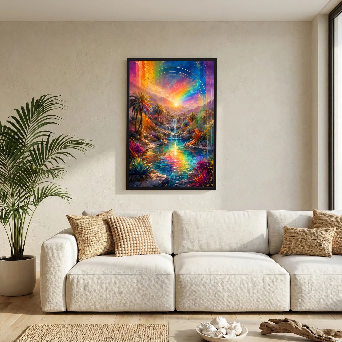 Hochformat-Poster mit Regenbogen, Palmen und Wasserfall im schwarzen Rahmen
