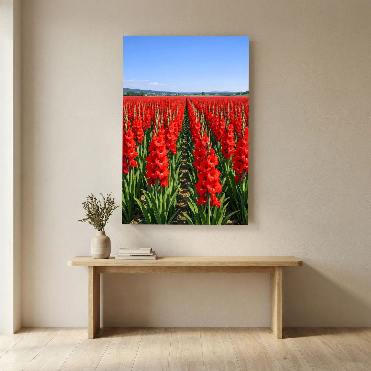 Wandbild: rote Gladiolen über Feldweg, grüne Blätter, blauer Himmel