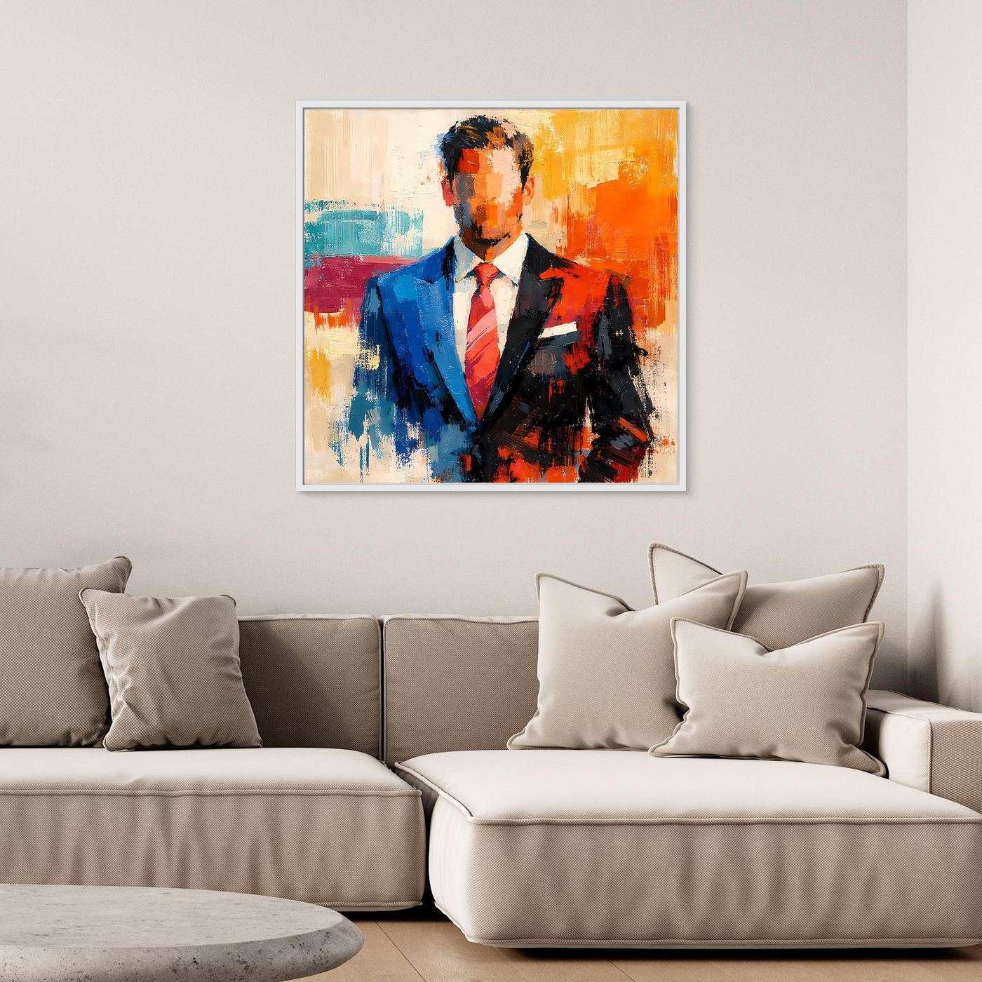 Abstract business portrait wall art in a white frame; blue suit with orange and red accents.