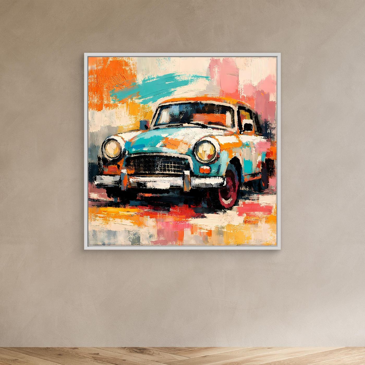 Abstract vintage car canvas wall art with gray frame, colorful brushstrokes