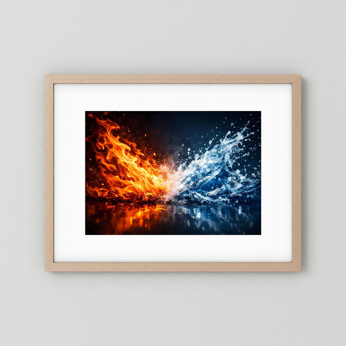 Querformat-Poster mit Feuer-und-Wasser-Abstract, helle Eichenholzrahmung