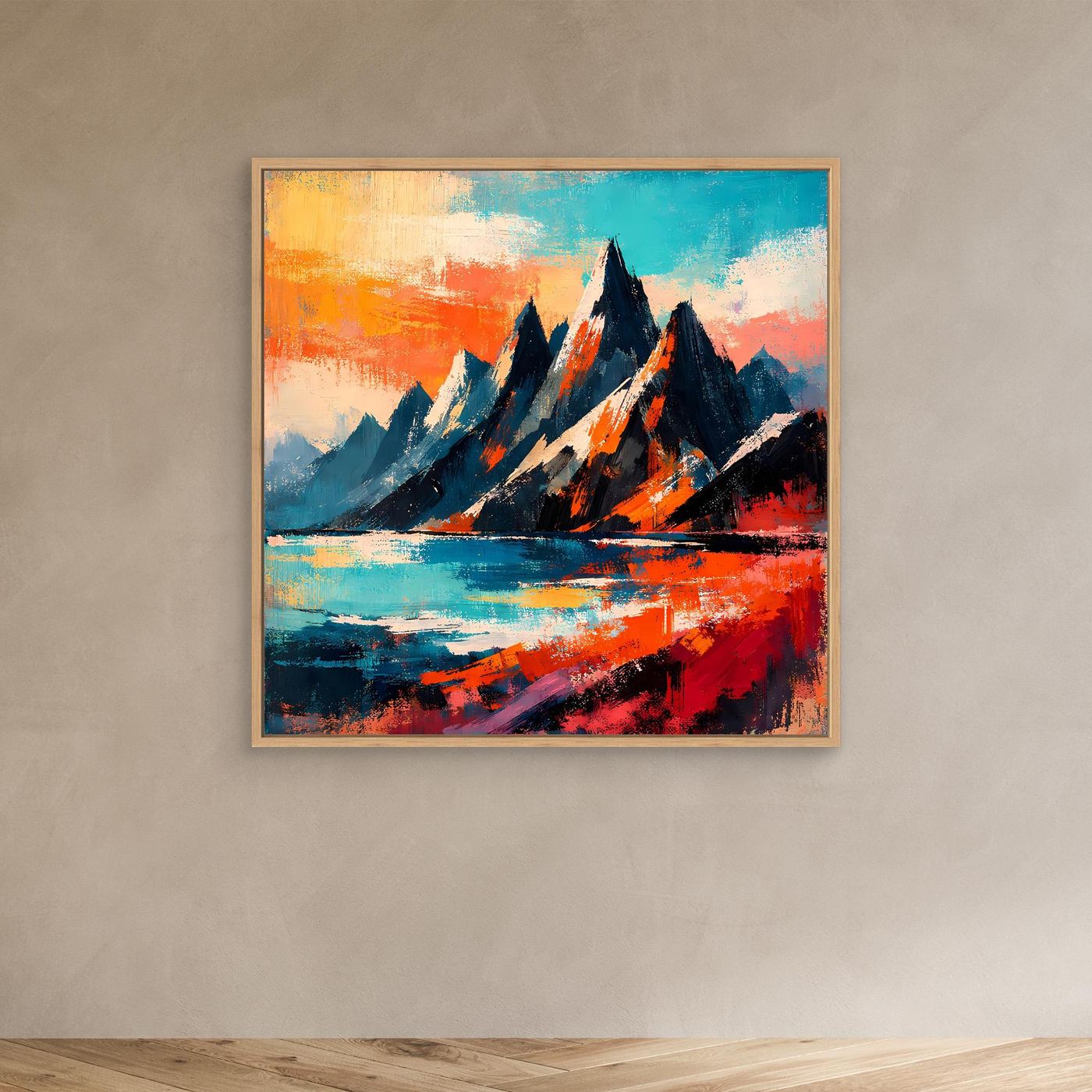 Abstraktes Leinwand-Wandbild mit Bergen und Wasserfall, beige-matt gerahmt