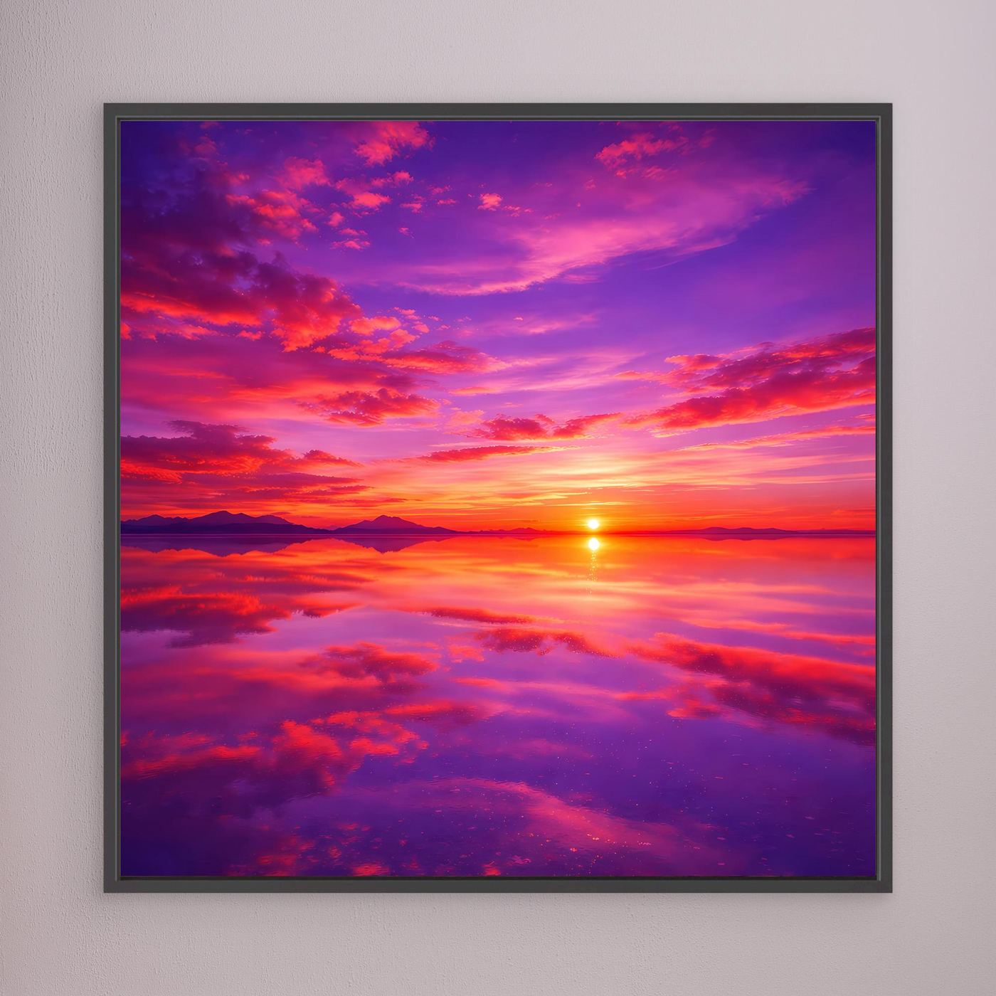 Leinwandbild Sonnenuntergang in Pink und Lila, Sonne knapp über dem Horizont, Wolken, dunkel gerahmt