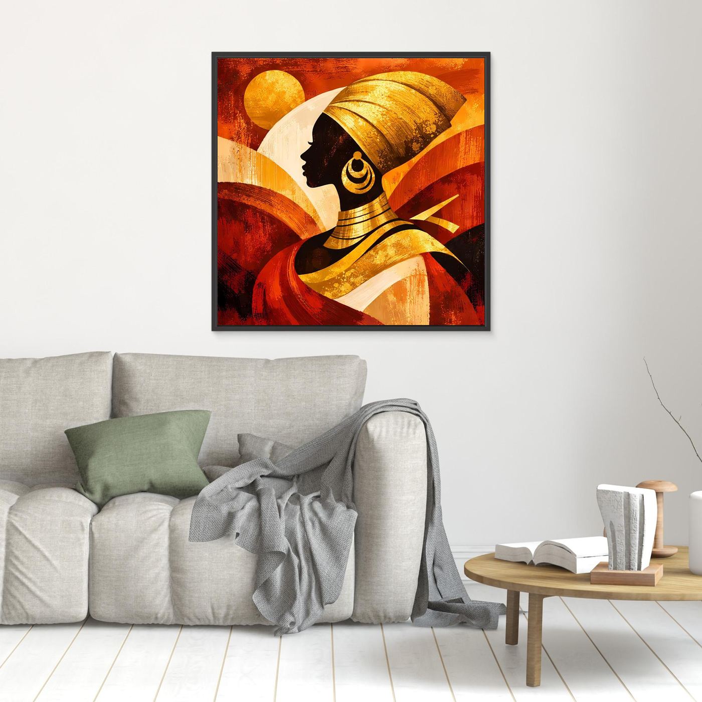 Gerahmtes Leinwandbild mit Frauenprofil und goldenen Farbakzenten in Rot und Orange