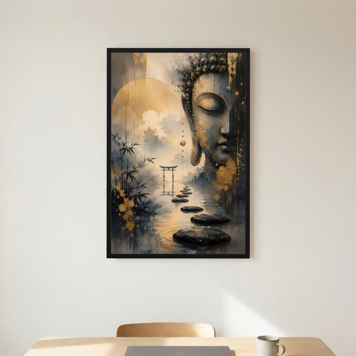 Poster im Hochformat mit Buddha im Gold-Schwarz-Look, Felsenweg im Zen-Stil