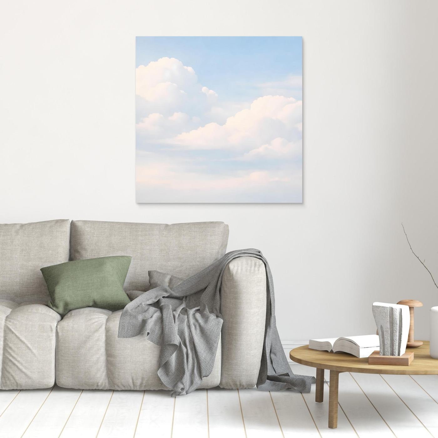 Quadratisches Leinwandbild mit Wolkenmotiv im pastelligen Himmel, weißer Rahmen
