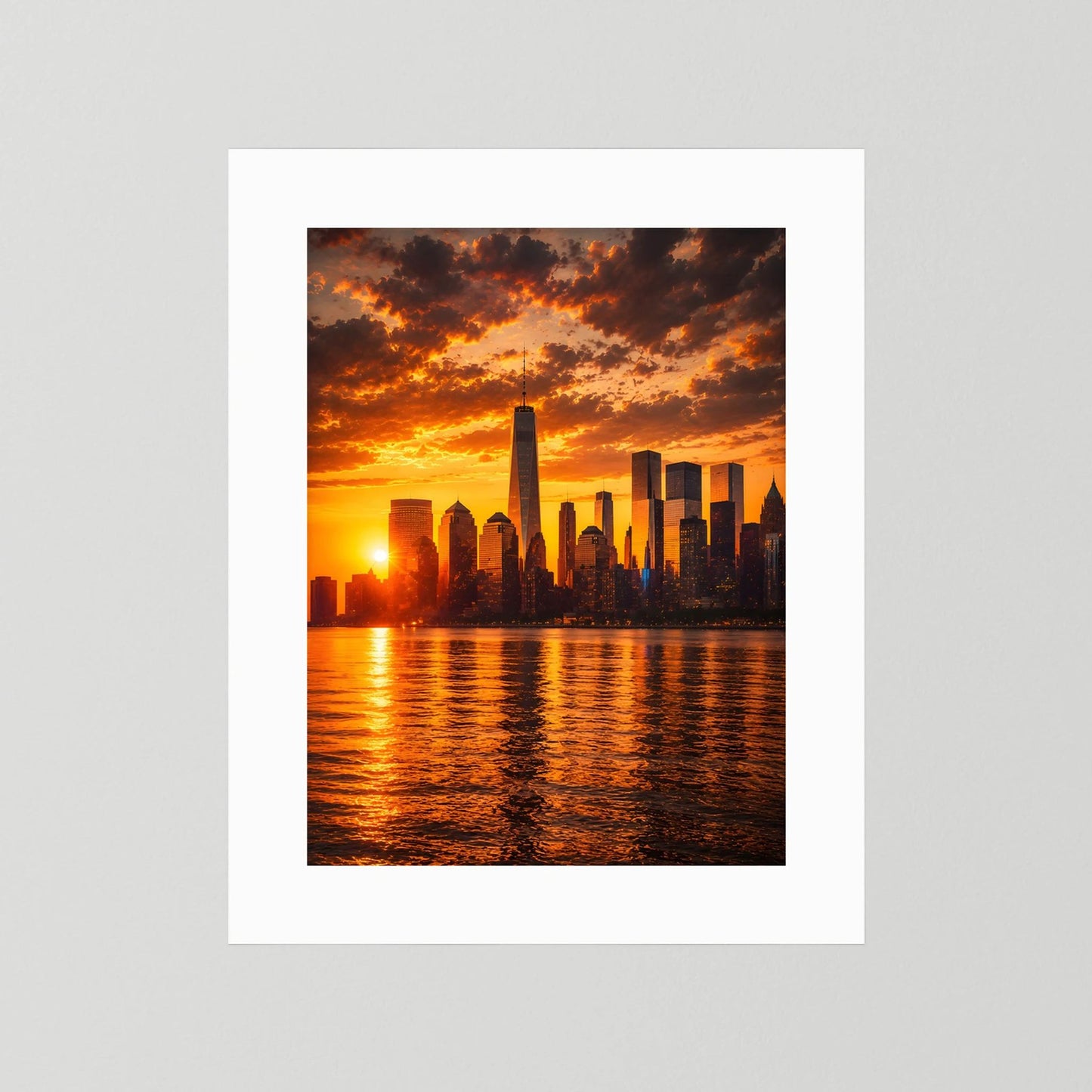 Hochformatiges Poster mit Skyline bei Sonnenuntergang, orangefarbenes Wasser, weißes Passepartout