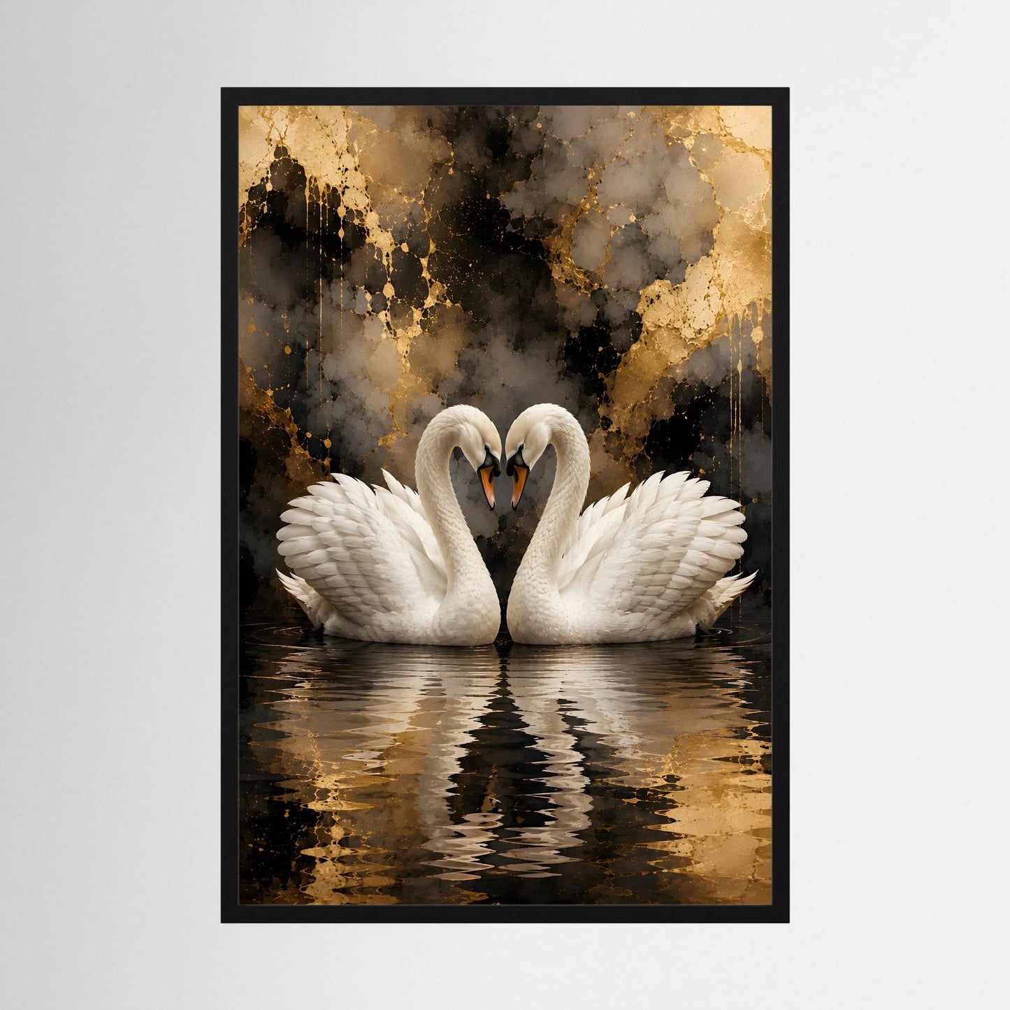 Kunstposter im Hochformat: Schwanenpaar auf Spiegelwasser, schwarzer Rahmen