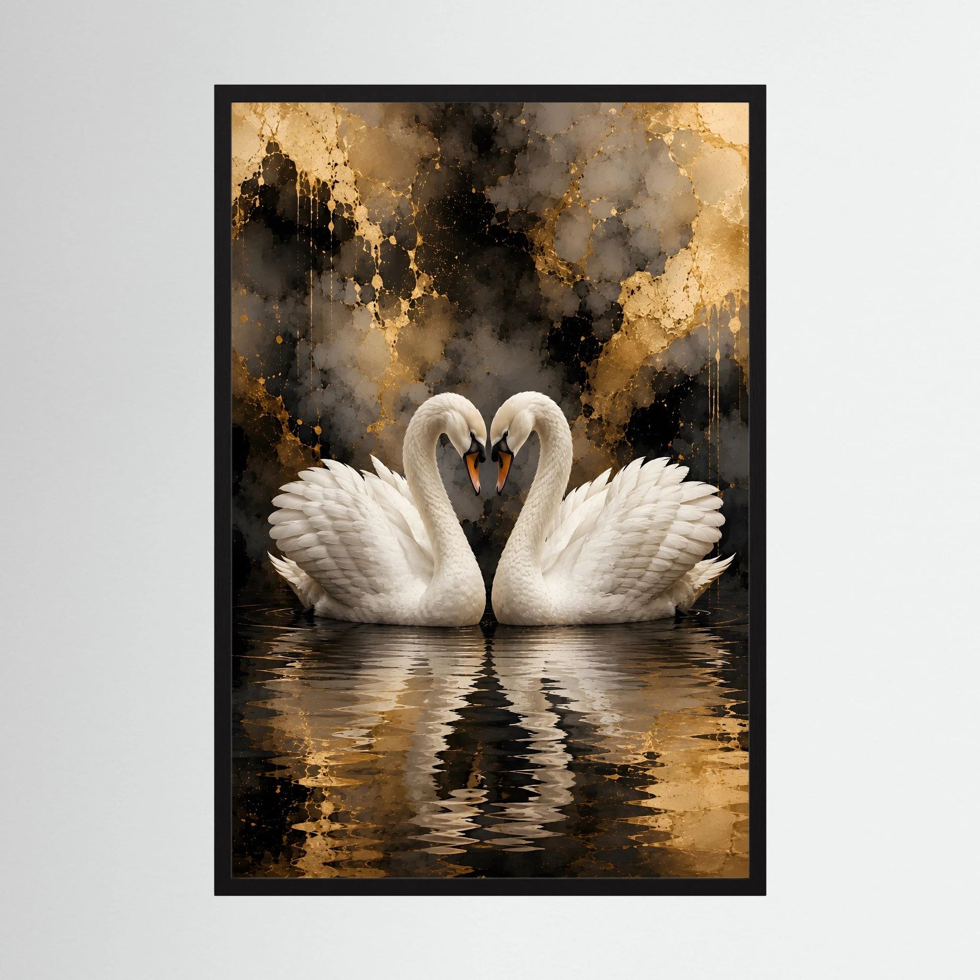 Kunstposter im Hochformat: Schwanenpaar auf Spiegelwasser, schwarzer Rahmen