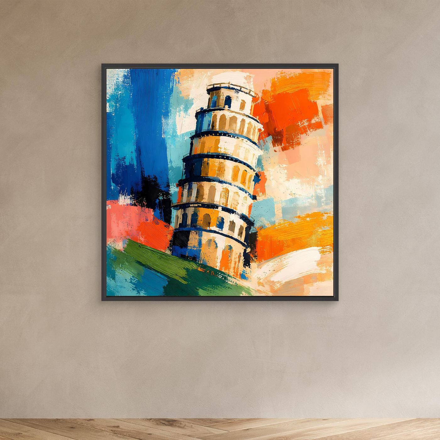 Abstract canvas wall art of Pisa tower with blue, orange, and green paint strokes in black frame.