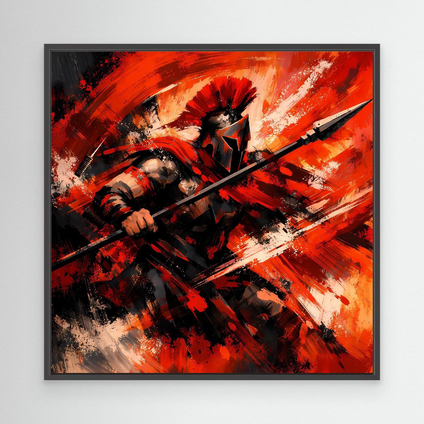 Wandbild mit abstraktem Krieger, rote und schwarze Pinselstriche, schwarzer Rahmen
