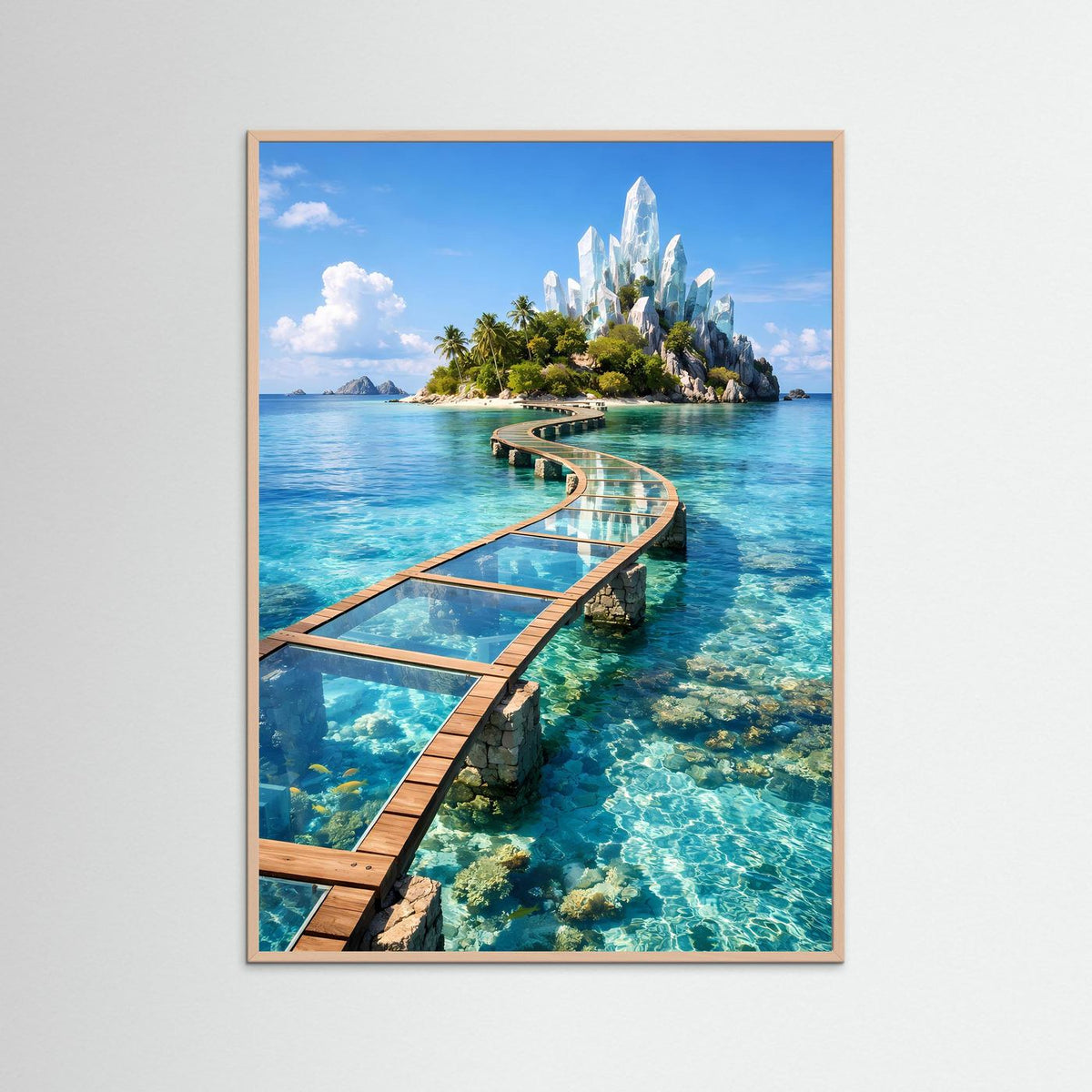 Türkisblaues Fantasy-Poster mit gläsernem Steg und kristallinem Turm, im braunen Rahmen