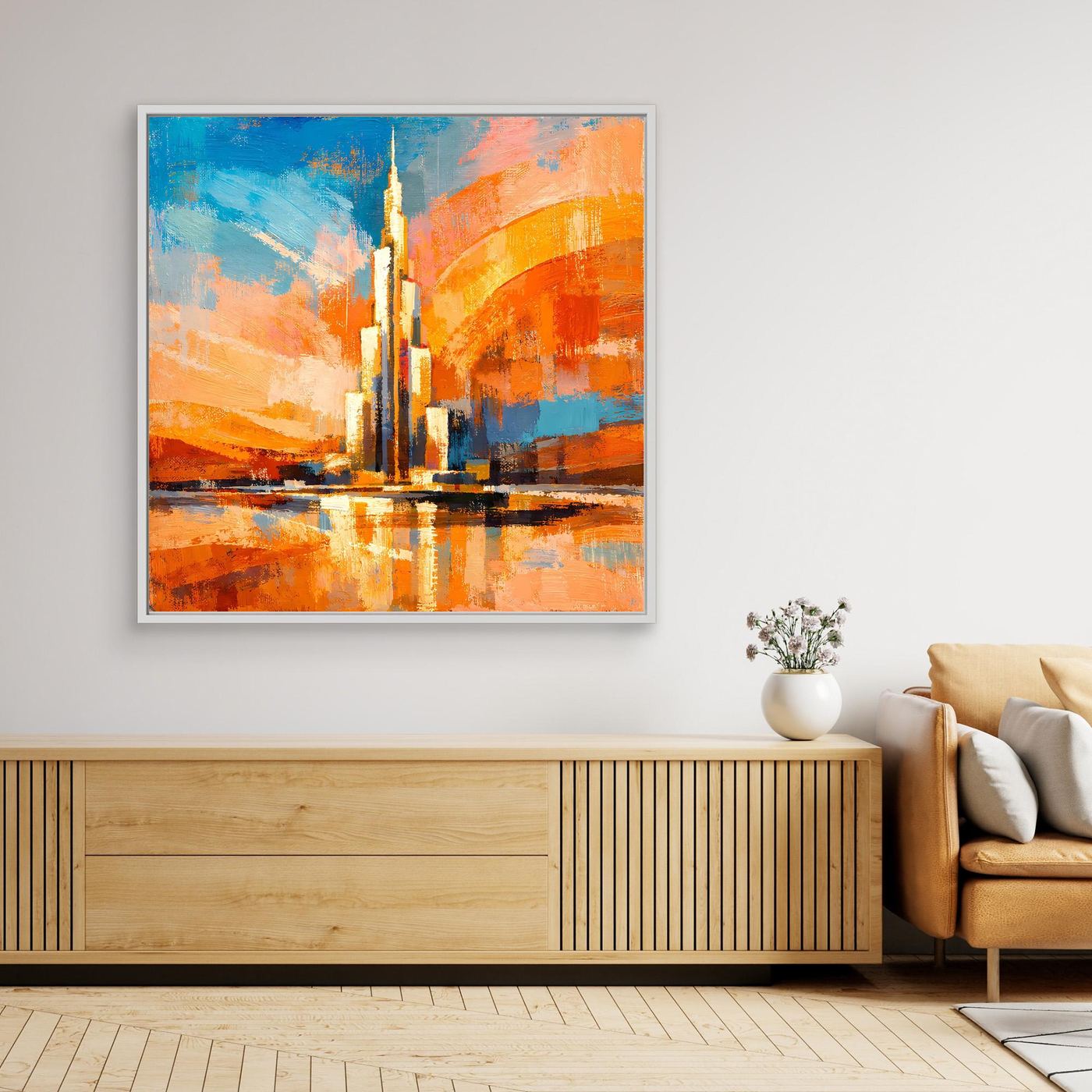 Abstraktes Wandbild mit Spiegelung, türkis-blau/orange Farbverlauf, silbergrauer Rahmen