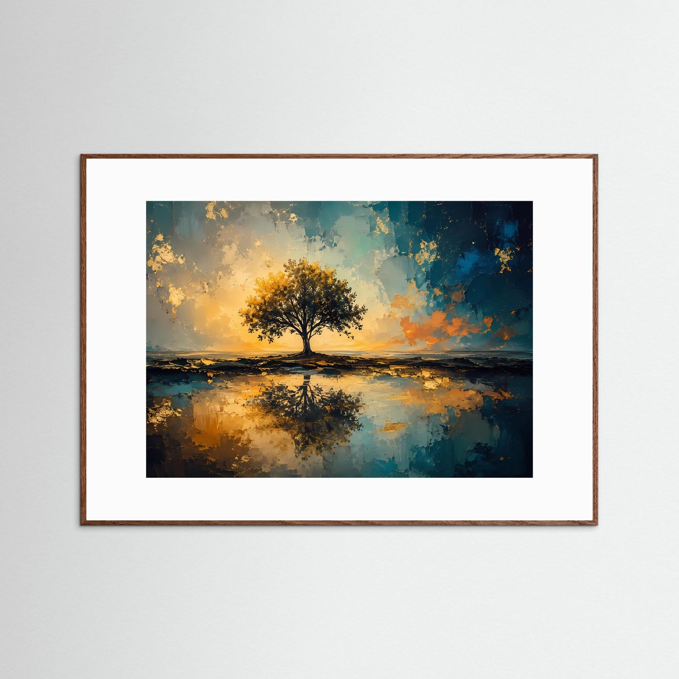 Baum des Lebens im goldenen Licht | Abstrakte Naturkunst in Petrol & Gold