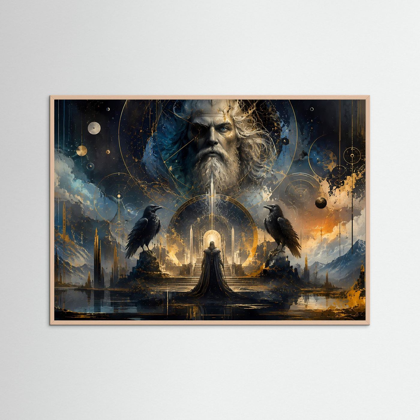 Odin mit Raben in Blau & Gold | Mystische nordische Götter Wandkunst