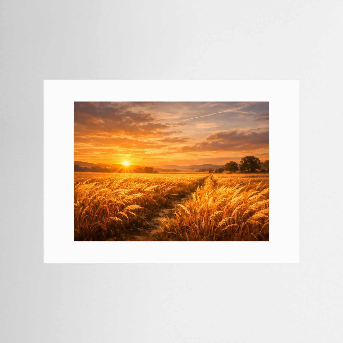 Wandbild mit goldenem Weizenfeld und Sonnenuntergang, weißer Rand ohne Rahmen