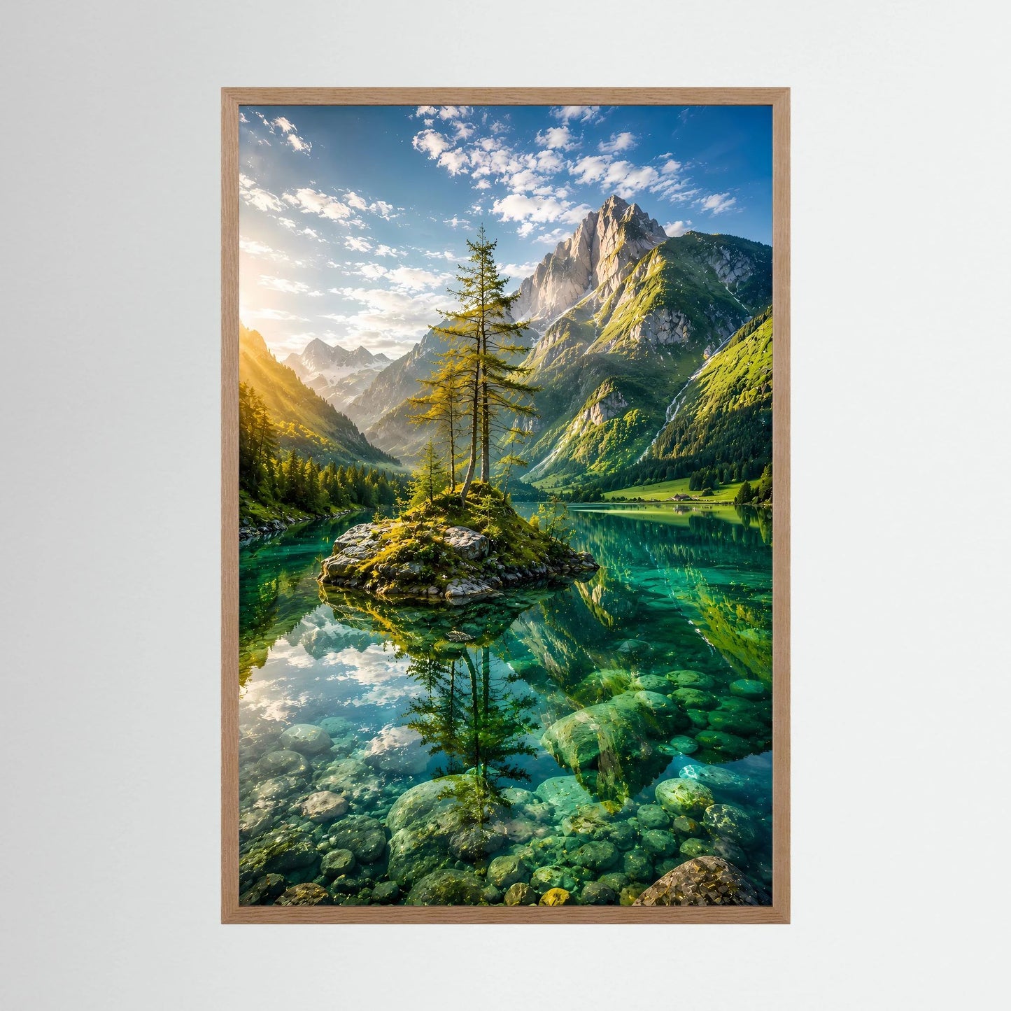 Hochformatiges Poster im Eichenrahmen: Bauminsel im grünen Bergsee vor Alpenbergen.