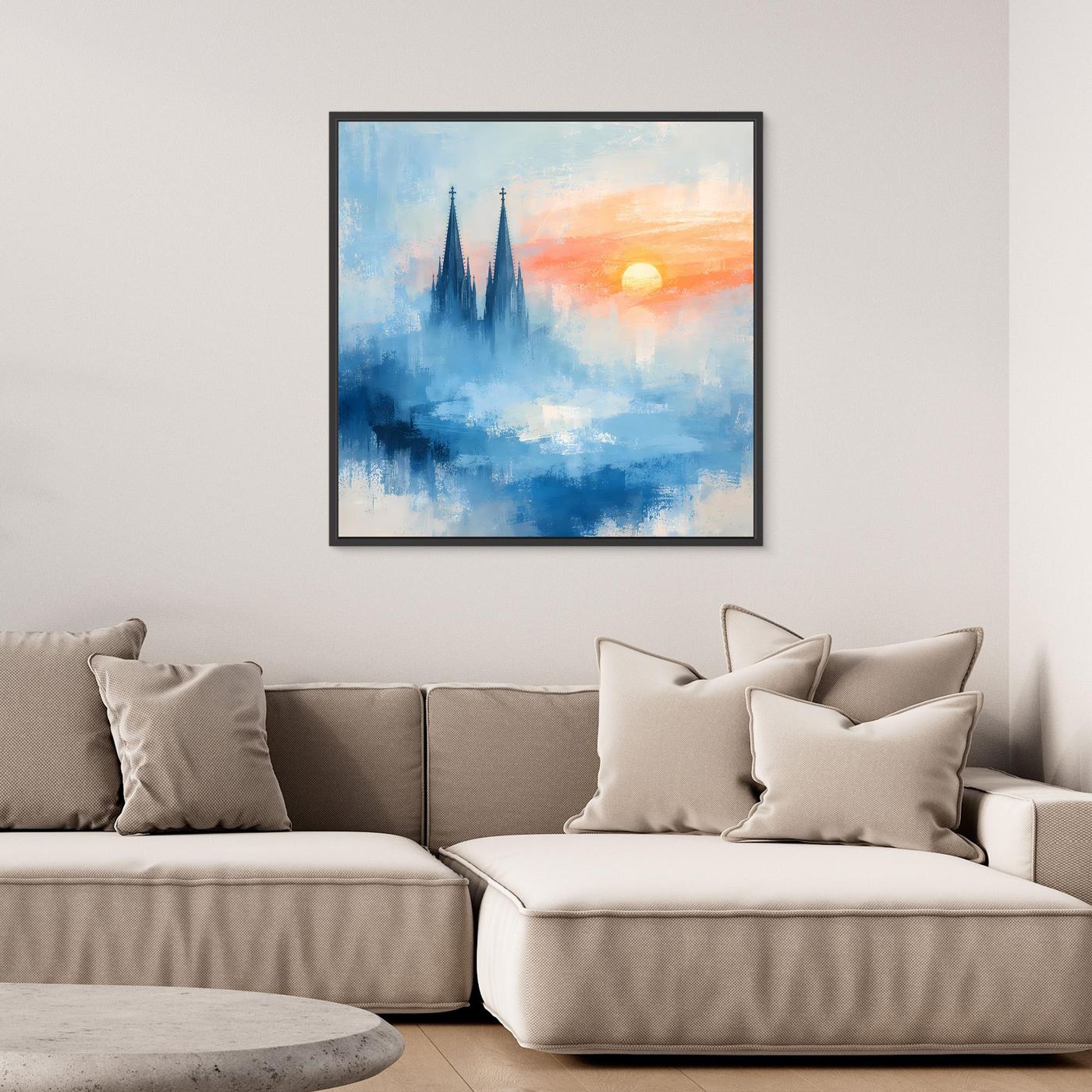 Kölner Dom Silhouette in Nebelblau | Moderne Abstrakte Leinwand mit Sonnenaufgang